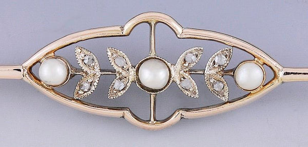 Elegant C1900 14k Gold and Platinum Diamond Pearl Bar Pin Brooch