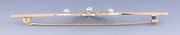 Elegant C1900 14k Gold and Platinum Diamond Pearl Bar Pin Brooch