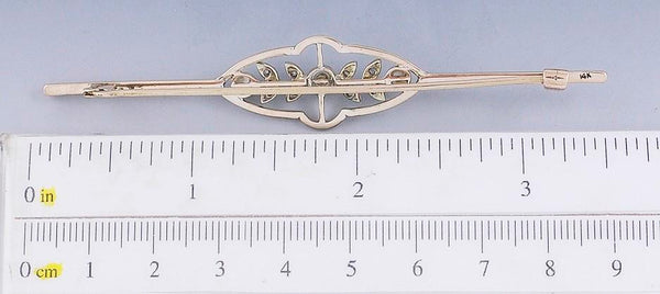 Elegant C1900 14k Gold and Platinum Diamond Pearl Bar Pin Brooch