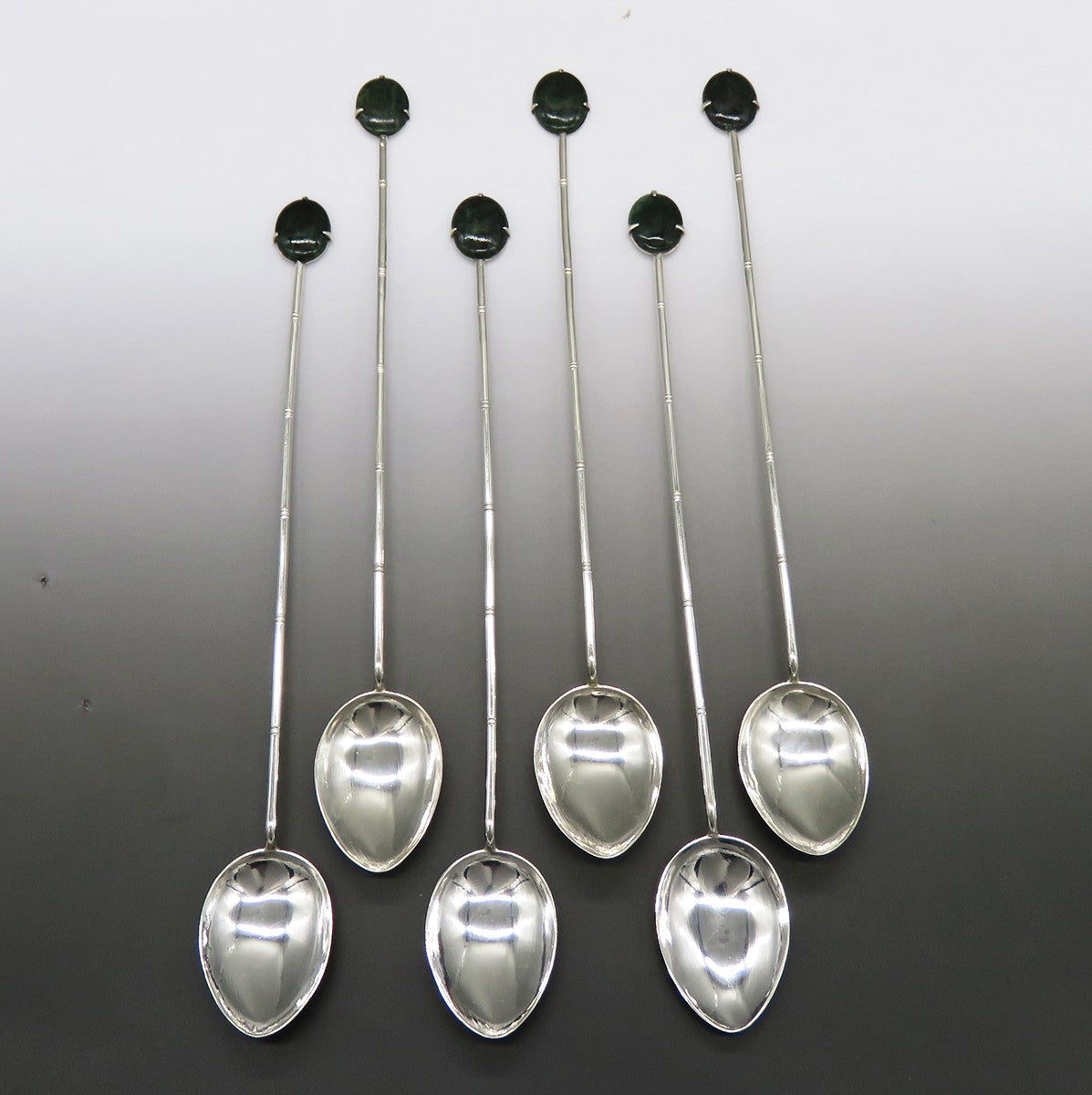 6 Antique Hong Kong Sterling Silver Jade Stone Bamboo Cocktail Stirrer Spoons