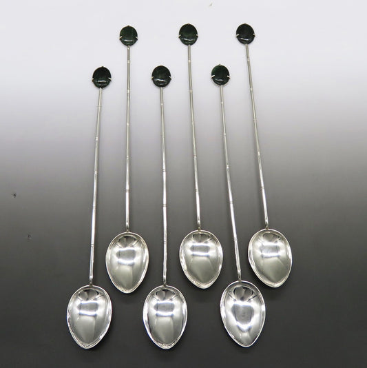 6 Antique Hong Kong Sterling Silver Jade Stone Bamboo Cocktail Stirrer Spoons