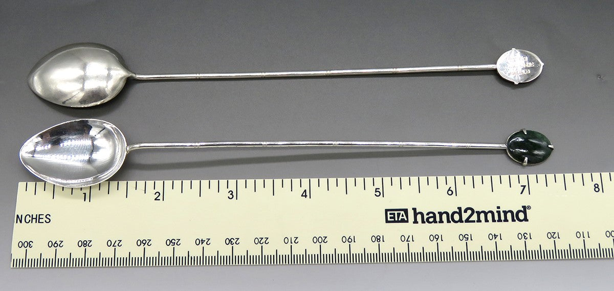 6 Antique Hong Kong Sterling Silver Jade Stone Bamboo Cocktail Stirrer Spoons
