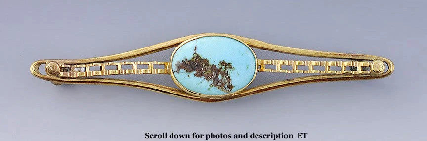 Antique American Early 1900s 10k Yellow Gold Blue Turquoise Bar Pin Brooch