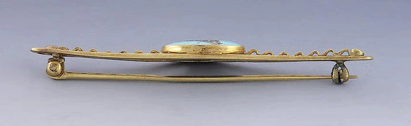 Antique American Early 1900s 10k Yellow Gold Blue Turquoise Bar Pin Brooch