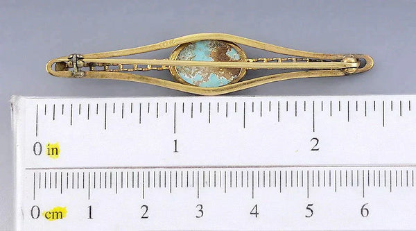 Antique American Early 1900s 10k Yellow Gold Blue Turquoise Bar Pin Brooch