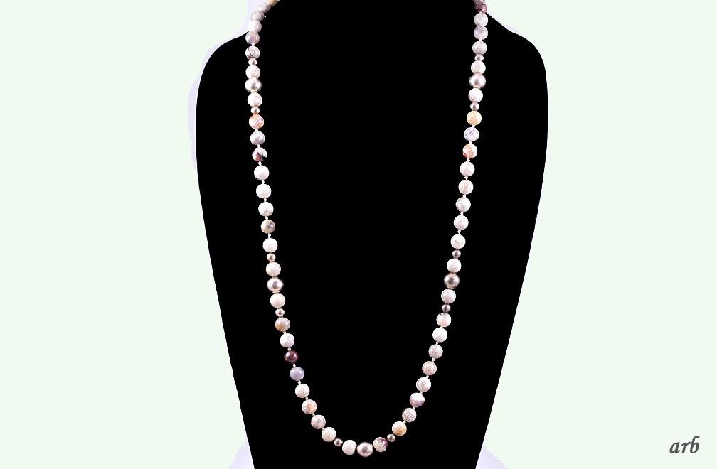 Fun Long Necklace of Neutral Tone Gray/Brown/Black and Silver Stone Beads