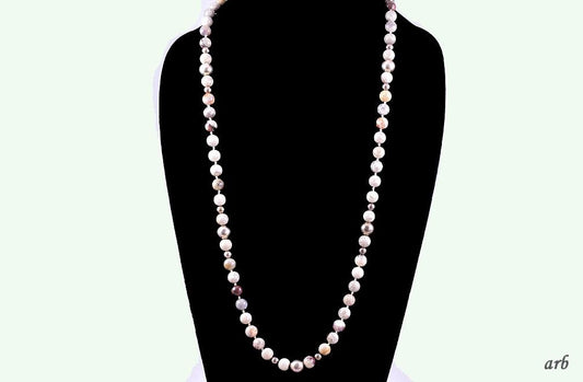 Fun Long Necklace of Neutral Tone Gray/Brown/Black and Silver Stone Beads