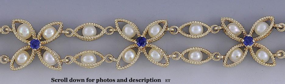 Beautiful 14k Gold Pearl & Sapphire Wire Flower Form Bracelet