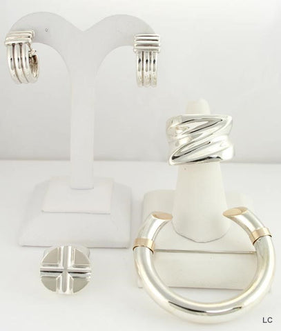 Neat Lot Of Modern Sterling Silver Ring Earrings Pin Jewelry Set