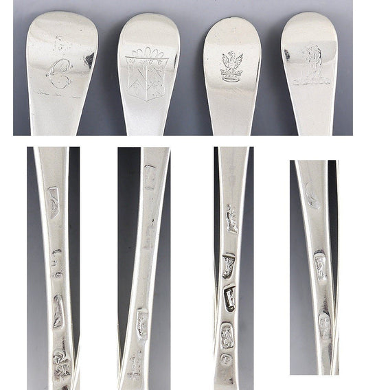 c1720 Great Set 13 English Britannia/Sterling Silver Queen Anne Rattail Spoons