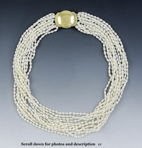 Italian Torsade-Style Multi Strand Pearl & 18K Gold Necklace