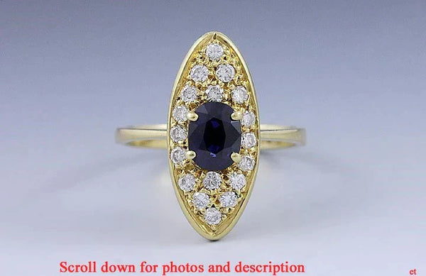 Wonderful Quality 18k Deep Yellow Gold Fine Sapphire & Diamond Navette Ring