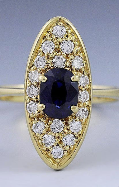 Wonderful Quality 18k Deep Yellow Gold Fine Sapphire & Diamond Navette Ring