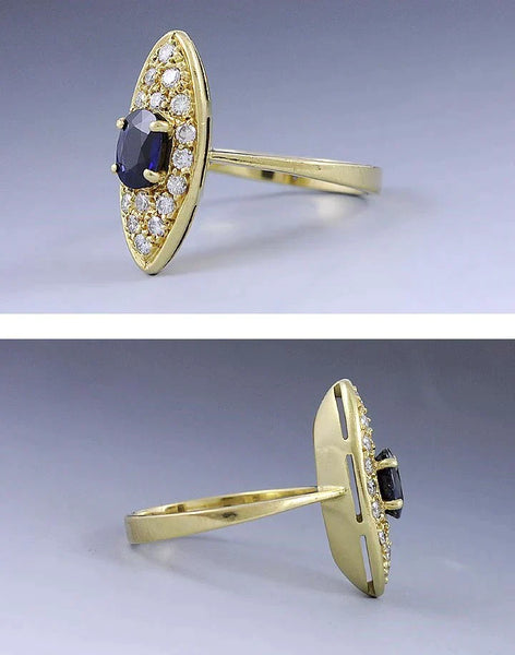 Wonderful Quality 18k Deep Yellow Gold Fine Sapphire & Diamond Navette Ring