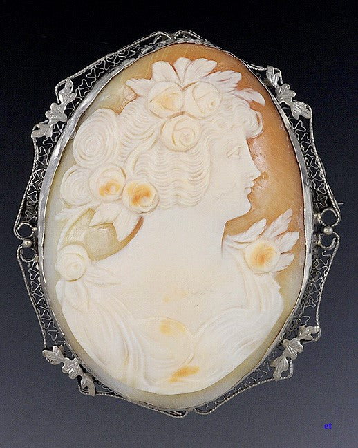 c1915 Large Finely Carved Cameo 14k White Gold Filigree Pin Brooch Pendant