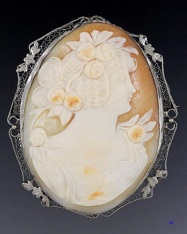 c1915 Large Finely Carved Cameo 14k White Gold Filigree Pin Brooch Pendant