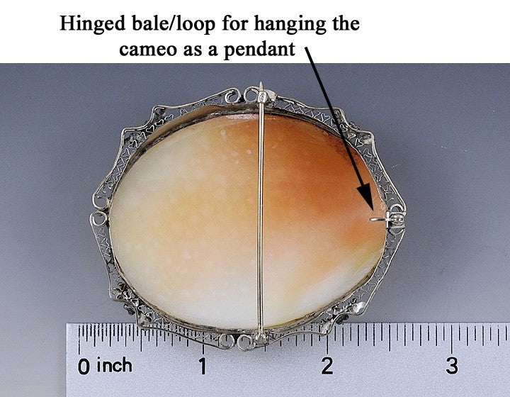 c1915 Large Finely Carved Cameo 14k White Gold Filigree Pin Brooch Pendant