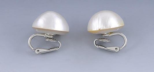 Pair Large 14k White Gold & Mabe Pearl Dome Earrings