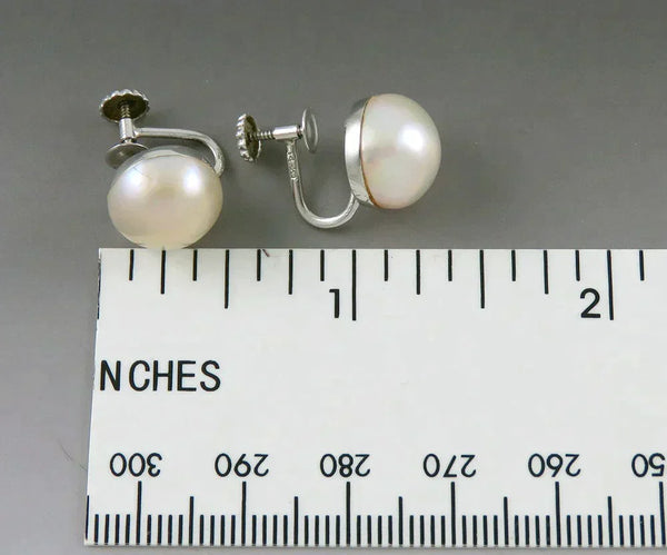 Vintage Retro 14K White Gold 11.2mm Mabe Pearl Screw-Back Earrings