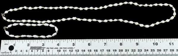 Fine 14k Yellow Gold Bead and White Freshwater Pearl Clasp Necklace and Bracelet