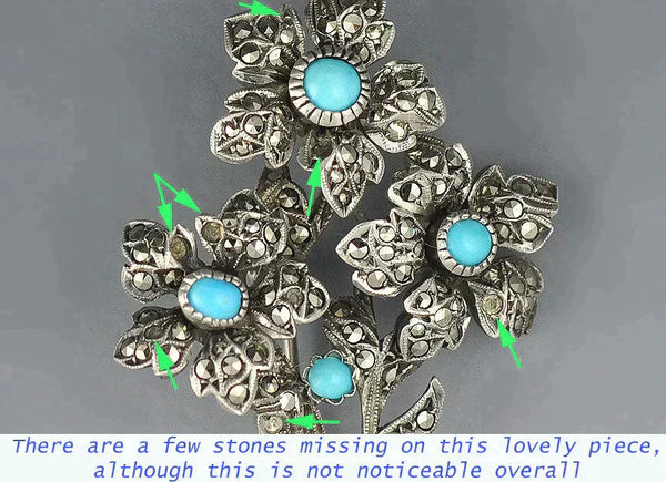 Shimmering Floral Bouquet Sterling Silver and Marcasite 2 Inch Antique Pin