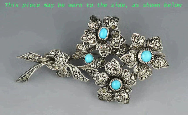 Shimmering Floral Bouquet Sterling Silver and Marcasite 2 Inch Antique Pin