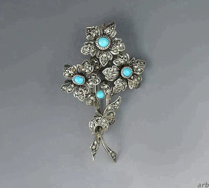 Shimmering Floral Bouquet Sterling Silver and Marcasite 2 Inch Antique Pin