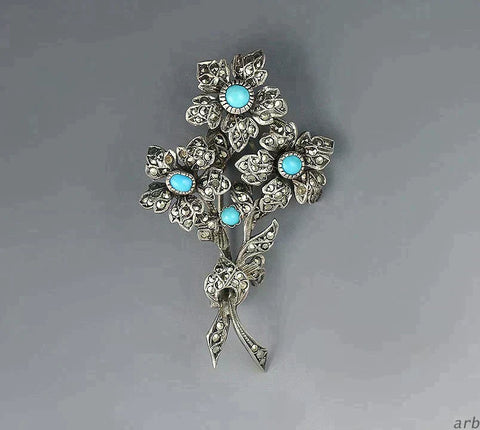 Shimmering Floral Bouquet Sterling Silver and Marcasite 2 Inch Antique Pin