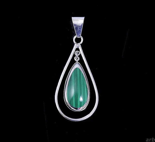 Wonderful Modern Sterling Silver Double Teardrop Malachite Pendant from Mexico