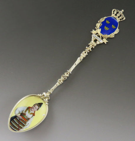 Distinctive Antique Swedish Sverige 830 Silver and Enamel Souvenir Spoon