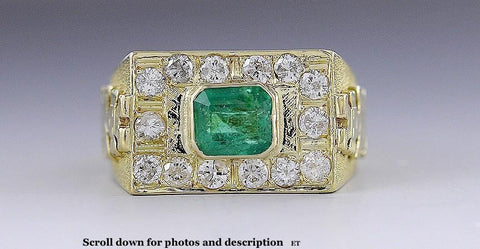 Huge Heavy 18K Gold 2.8ct Emerald & Diamond Ring