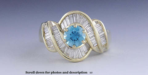 14K Yellow Gold Bright Blue Natural Zircon Gemstone Diamond Ring Size 10