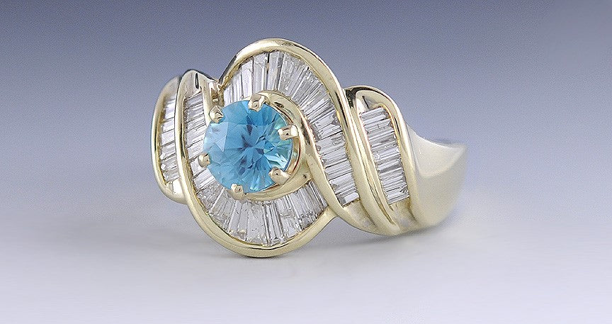 14K Yellow Gold Bright Blue Natural Zircon Gemstone Diamond Ring Size 10