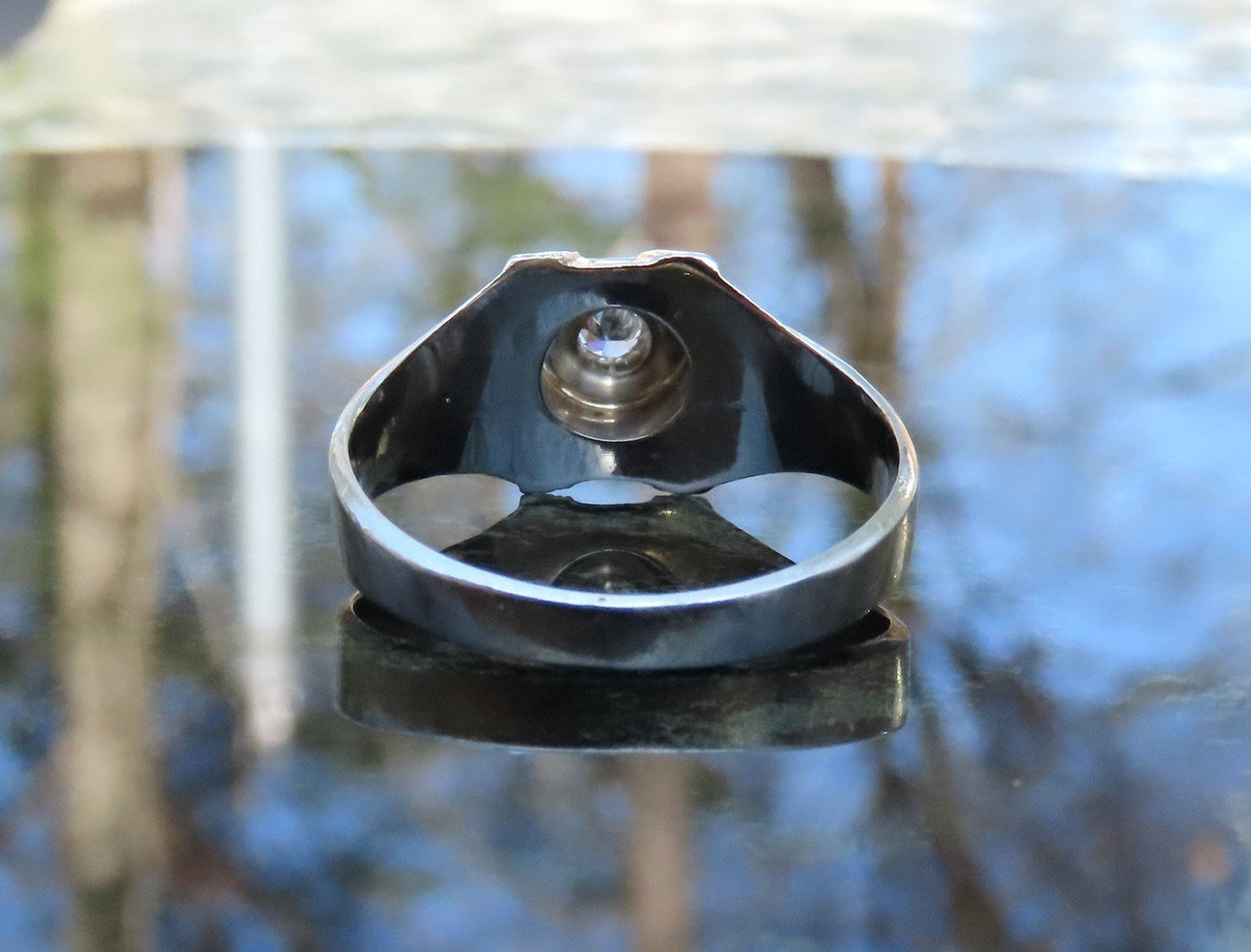 Stylish c1920s Art Deco 18k White Gold Diamond Engraved Octagonal Ring