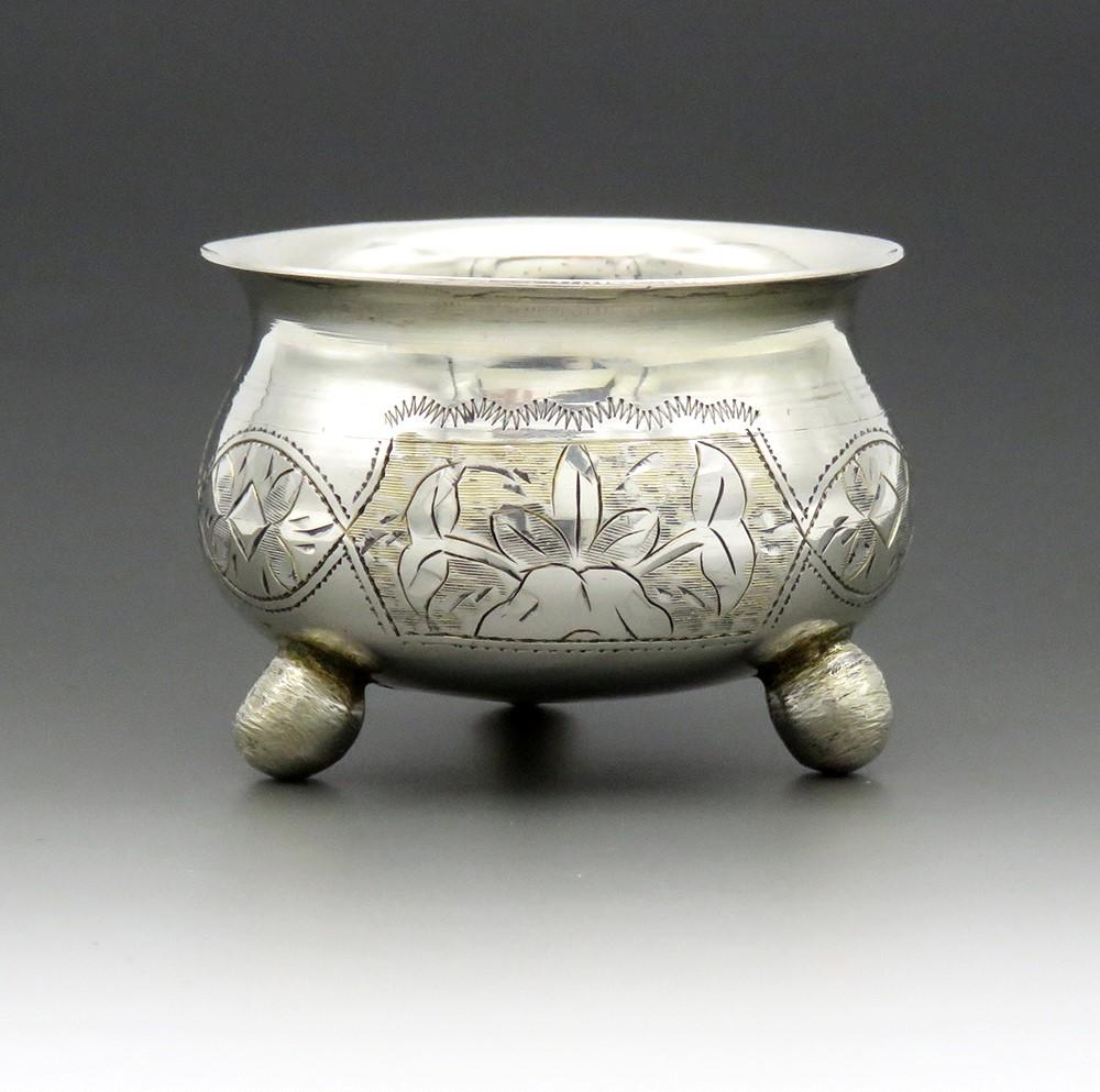 1887 Russian Moscow Silver Salt Cellar Sweet Engravings 2 Inches Tall