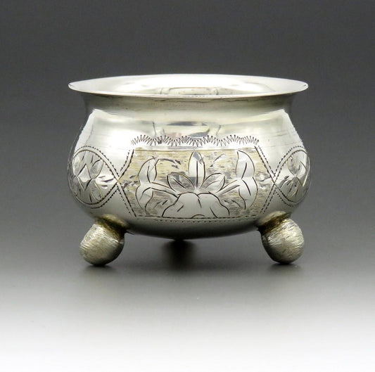 1887 Russian Moscow Silver Salt Cellar Sweet Engravings 2 Inches Tall