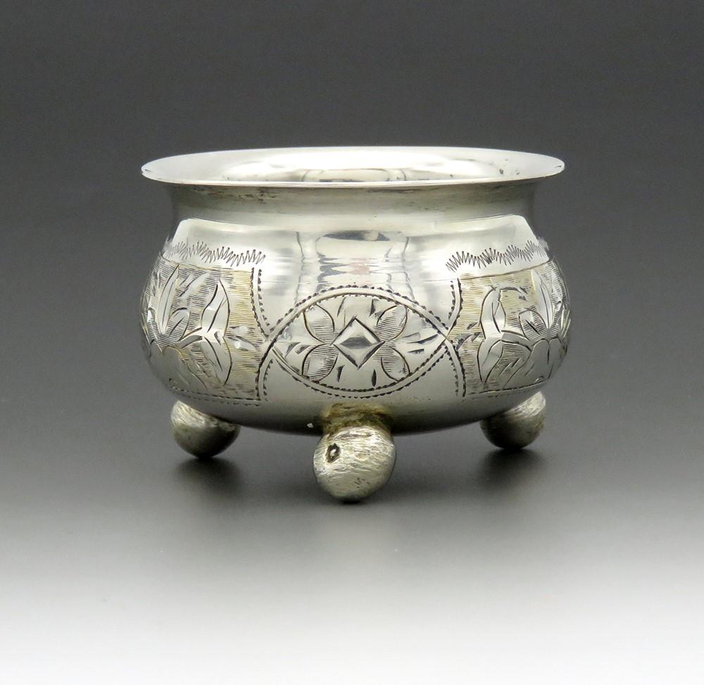 1887 Russian Moscow Silver Salt Cellar Sweet Engravings 2 Inches Tall