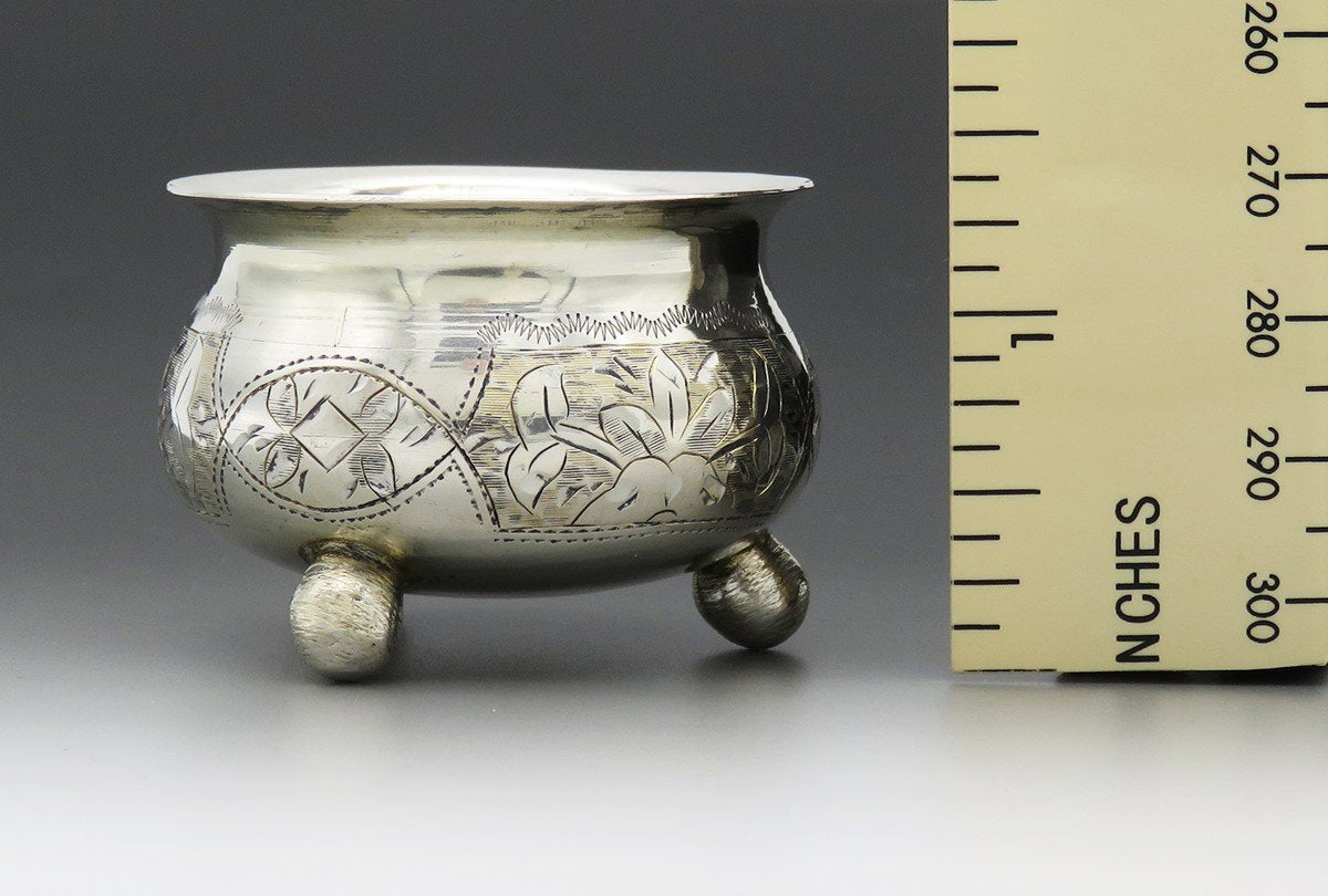 1887 Russian Moscow Silver Salt Cellar Sweet Engravings 2 Inches Tall