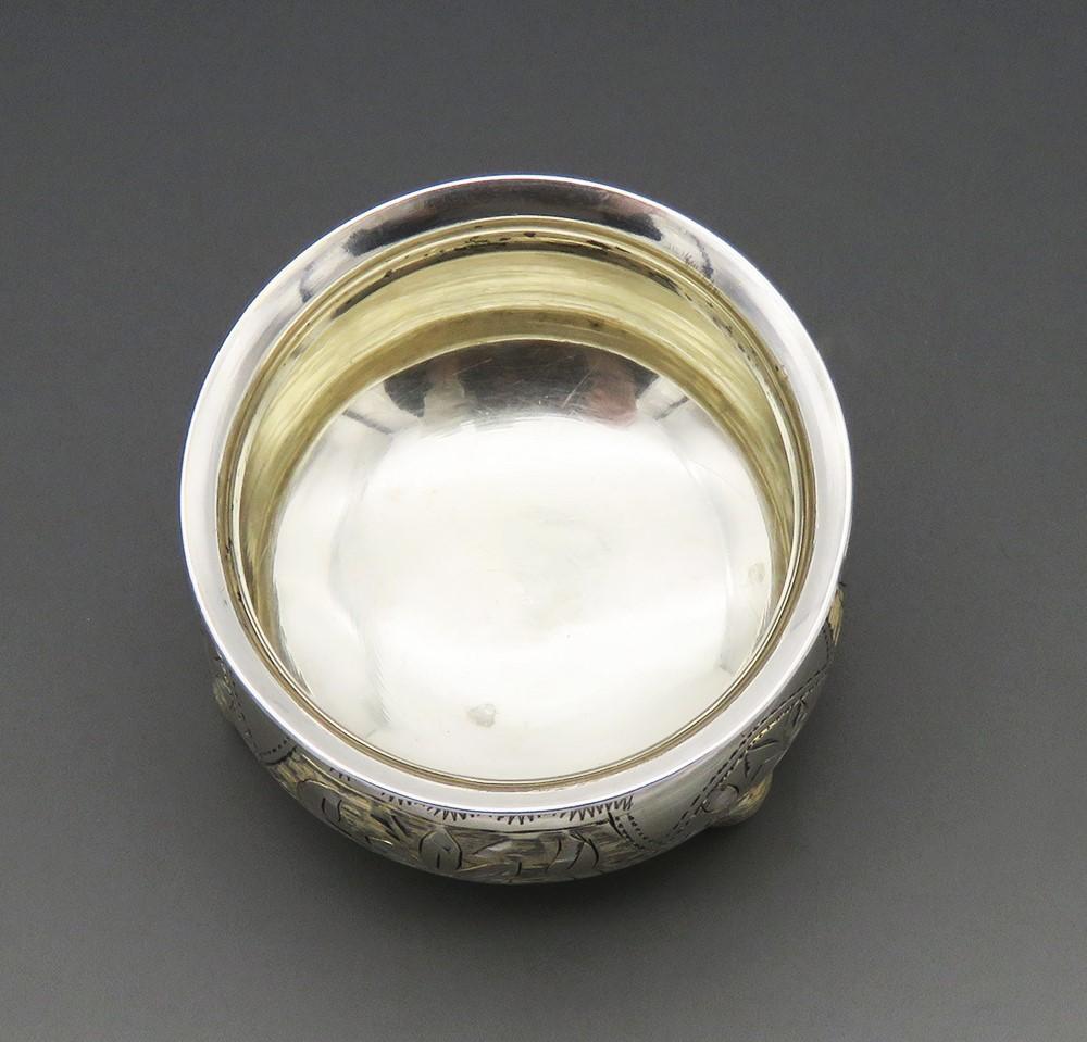 1887 Russian Moscow Silver Salt Cellar Sweet Engravings 2 Inches Tall