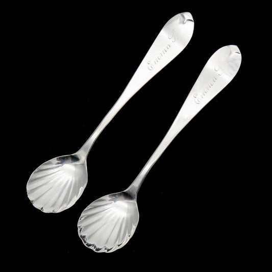 Antique Pair American Coin Silver Salt Spoons Fluted Bowl "Emma L" Monogram