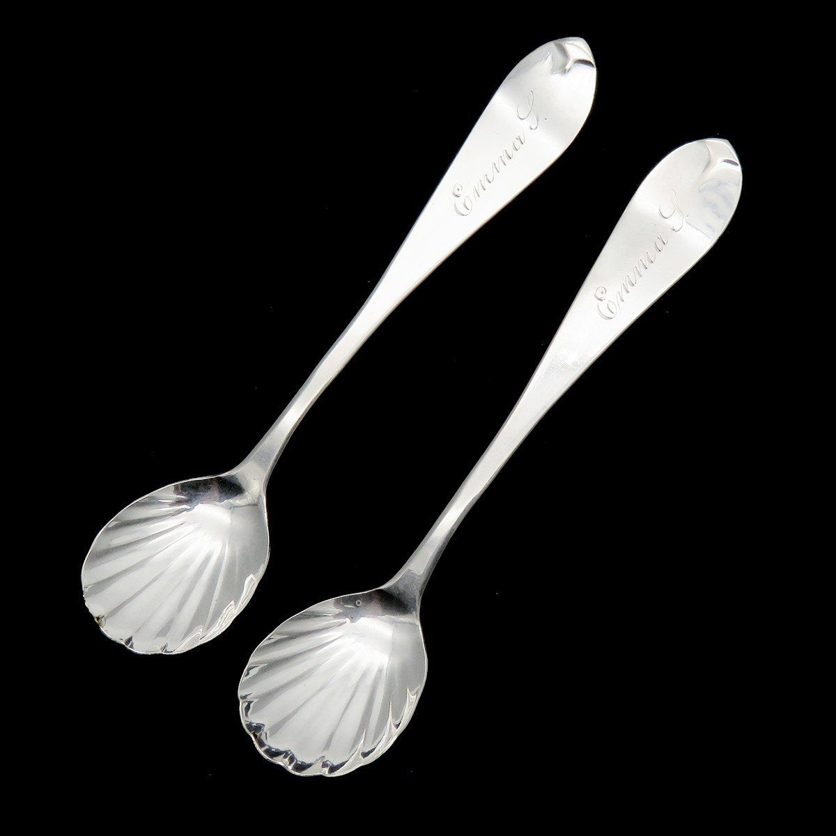 Antique Pair American Coin Silver Salt Spoons Fluted Bowl "Emma L" Monogram