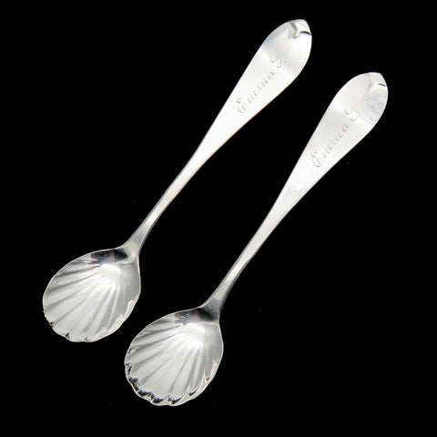 Antique Pair American Coin Silver Salt Spoons Fluted Bowl "Emma L" Monogram