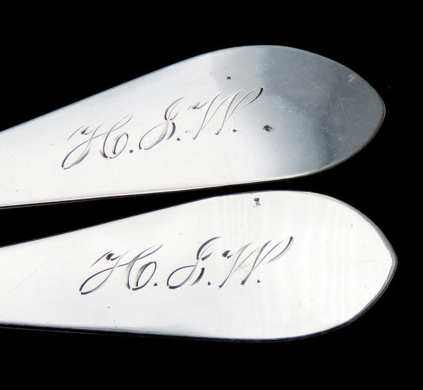 Antique Pair American Coin Silver Salt Spoons Fluted Bowl "Emma L" Monogram