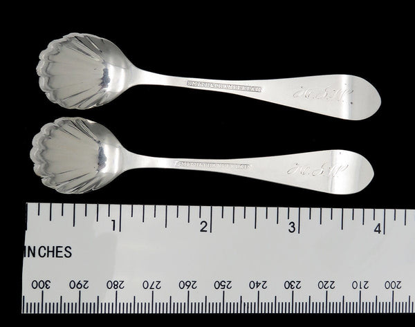 Antique Pair American Coin Silver Salt Spoons Fluted Bowl "Emma L" Monogram