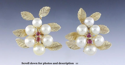 Lovely Pair of 14k Yellow Gold Leaf Pearl & Ruby Earrings