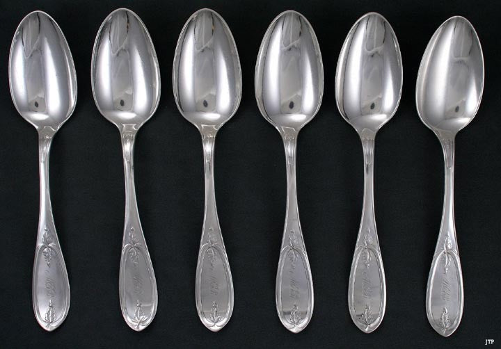 6 Jones Shreve Brown Olive Sterling Silver Spoons 1850s