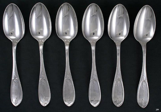 6 Jones Shreve Brown Olive Sterling Silver Spoons 1850s