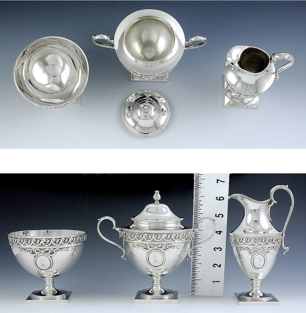 1918 English Sterling Silver Medallion Tea Set by Crichton Bros