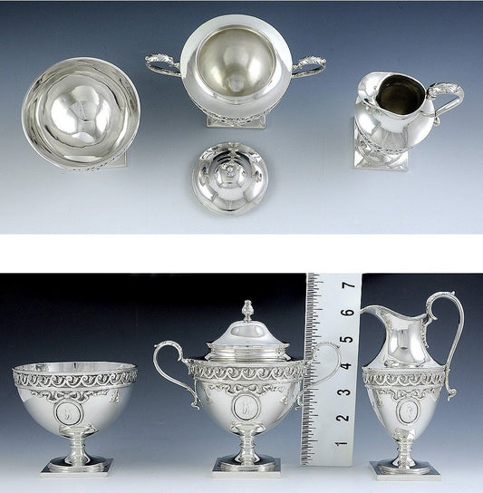 1918 English Sterling Silver Medallion Tea Set by Crichton Bros