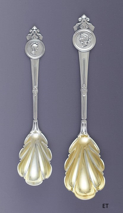 Great Pair Gorham Sterling Silver Medallion Fluted Serving Scoops / Spoons